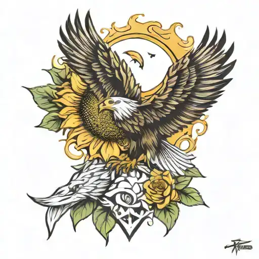 sunflower and eagle  tattoo design idea