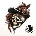 mayan skull looking likenits screaming, roses growing around the skull tattoo design idea