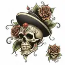 mayan skull looking likenits screaming, roses growing around the skull tattoo design idea