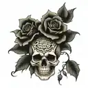mayan skull looking likenits screaming, roses growing around the skull tattoo design idea