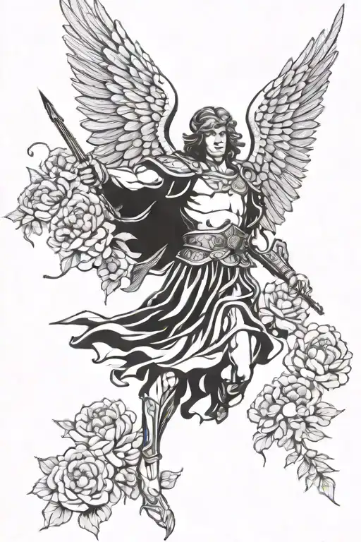 St. michael's fight against the devil surrounded by peonys tattoo design idea