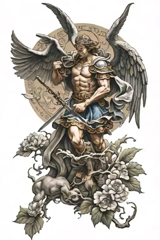 St. michael's fight against the devil surrounded by peonys tattoo design idea
