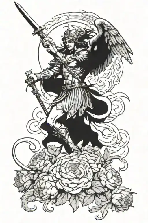 St. michael's fight against the devil surrounded by peonys tattoo design idea