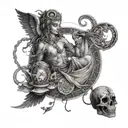 An image of a truth-seeking oracle from Greek mythology, holding a computer mouse and surrounded by symbols of honesty and knowledge tattoo design idea