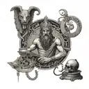 An image of a truth-seeking oracle from Greek mythology, holding a computer mouse and surrounded by symbols of honesty and knowledge tattoo design idea
