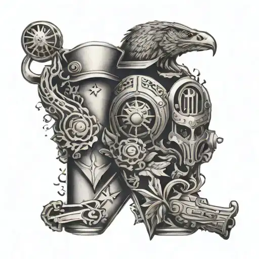 An intricate military-themed sleeve tattoo featuring elements that symbolize protection and honor for your children Oscar and Phoebe tattoo design idea