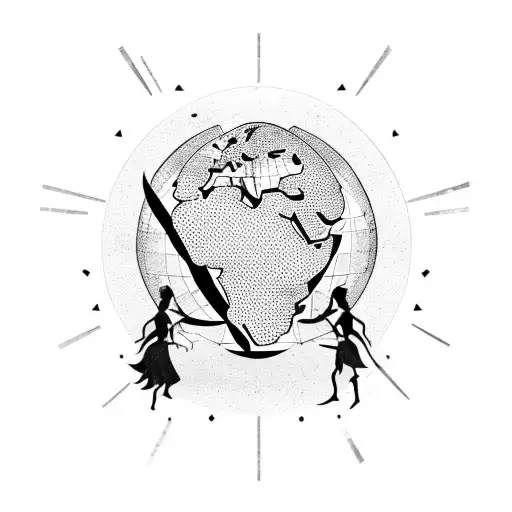 A female warrior holding a globe with countries highlighted, merging the client's love for female empowerment and exploring different cultures tattoo design idea