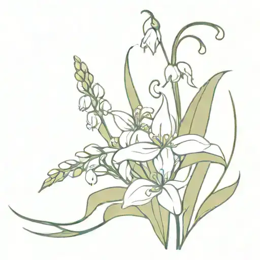lilly of the valley, larkspur, iris flower bouquet  tattoo design idea