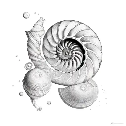 nautilus shell, with interior structure partially exposed, and the fibonacci spiral graph surrounding the shell tattoo design idea