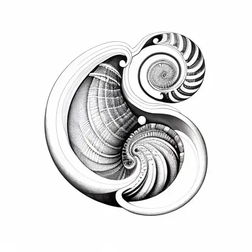 nautilus shell, with interior structure partially exposed, and the fibonacci spiral graph surrounding the shell tattoo design idea
