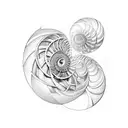 nautilus shell, with interior structure partially exposed, and the fibonacci spiral graph surrounding the shell tattoo design idea