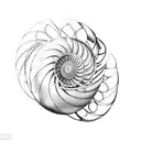 nautilus shell, with interior structure partially exposed, and the fibonacci spiral graph surrounding the shell tattoo design idea