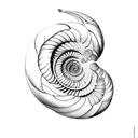 nautilus shell, with interior structure partially exposed, and the fibonacci spiral graph surrounding the shell tattoo design idea