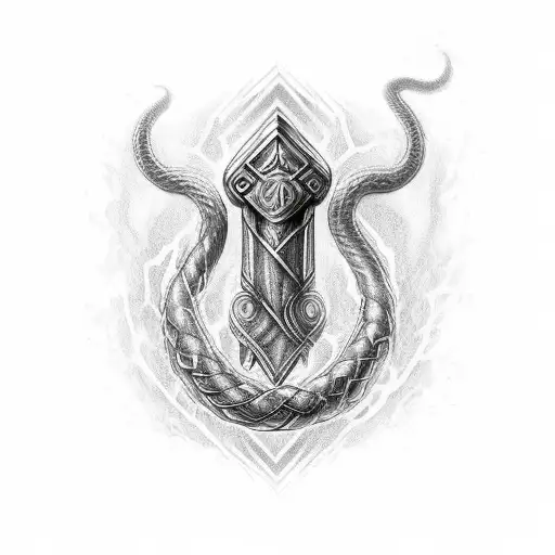 jormungandr wrapped around handle of mjolnir tattoo design idea