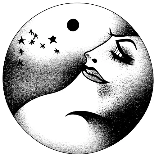 girl looking up at a sky containing a full moon, a spaceship, and a satellite tattoo design idea
