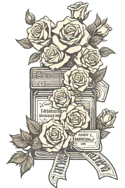 blockbuster video, vhs tape, roses, bakers pin, dad tattoo design idea