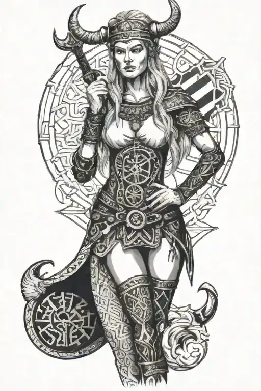 sexy Viking woman full body with a vegvisir symbol tattoo design idea