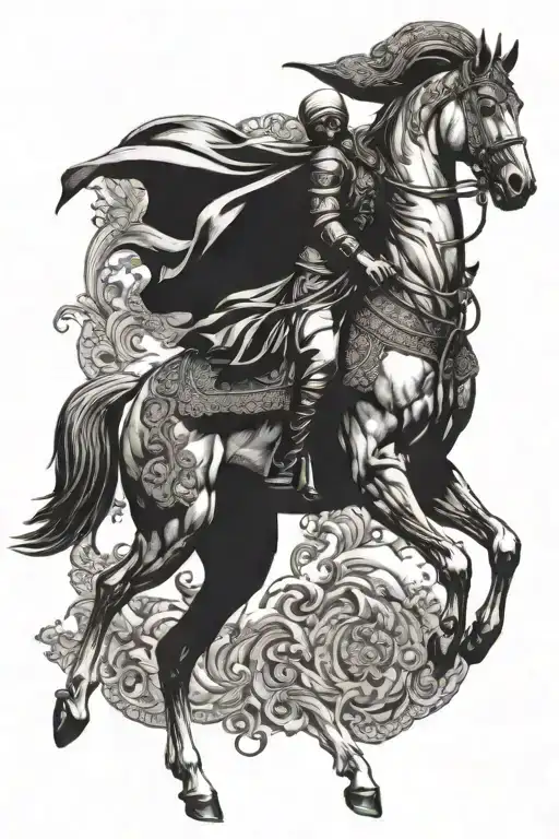 A fierce Sikh warrior riding a majestic horse into battle tattoo design idea