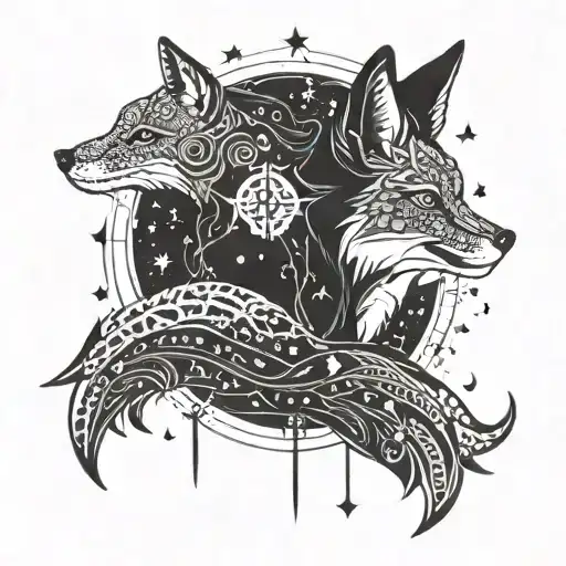 A celestial fox constellation intertwined with Pisces zodiac fish tattoo design idea