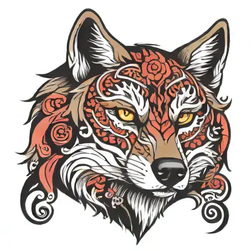 A neotraditional design of a wolf adorned with Ottoman patterns and symbols, representing a fusion of cultures tattoo design idea