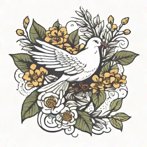 dove with an olive branch and flower blooming tattoo design idea