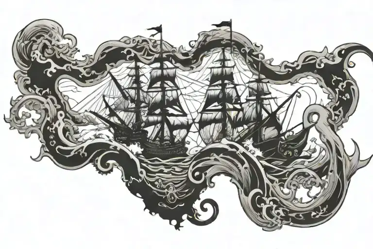 kracken destroying pirate ship sailing through a sea tattoo design idea