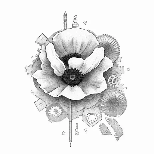 sexy women+opium poppy flower+dice+gears tattoo design idea