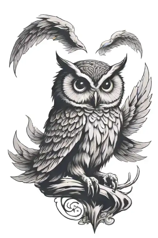 Owl spread wings Over a small Shadow boy standing tattoo design idea