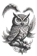 Owl spread wings Over a small Shadow boy standing tattoo design idea