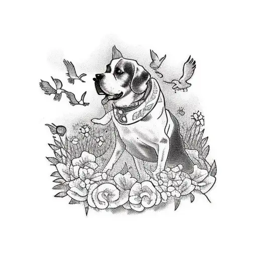 A traditional tattoo of a dog playing with birds in a garden, symbolizing the client's favorite things tattoo design idea