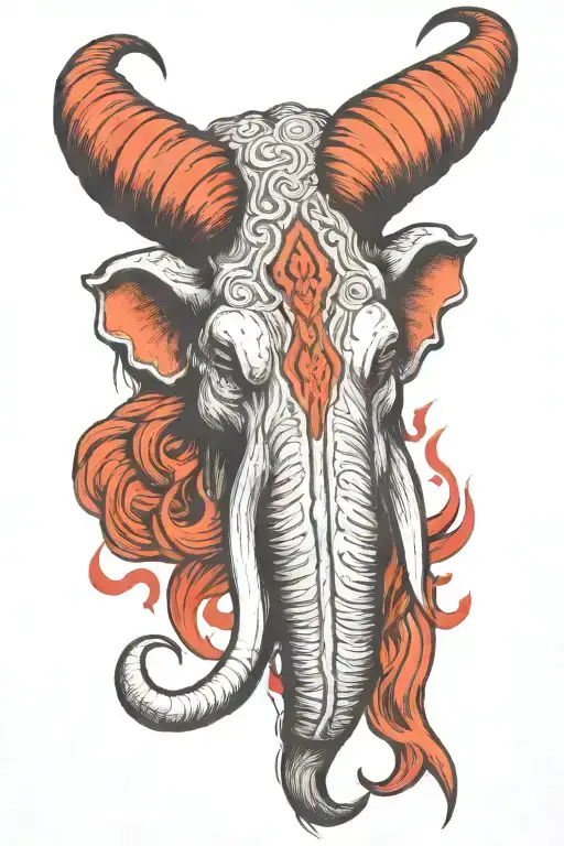 mammoth head, angry ,long horns , sureal , tremendous style , red firey lines , hand sketch , sharpe edge ink, lotus,4k tattoo design idea