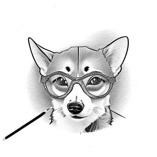 cartoon female corgi with glasses reading tattoo design idea