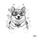 cartoon corgi with glasses reading tattoo design idea