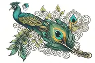 flute and Peacock feather tattoo design idea