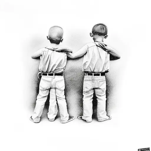 older and younger brother walking on a street with younger brother on the right with his arm around older brothers back tattoo design idea