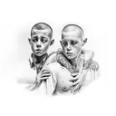 older and younger brother walking on a street with younger brother on the right with his arm around older brothers back tattoo design idea