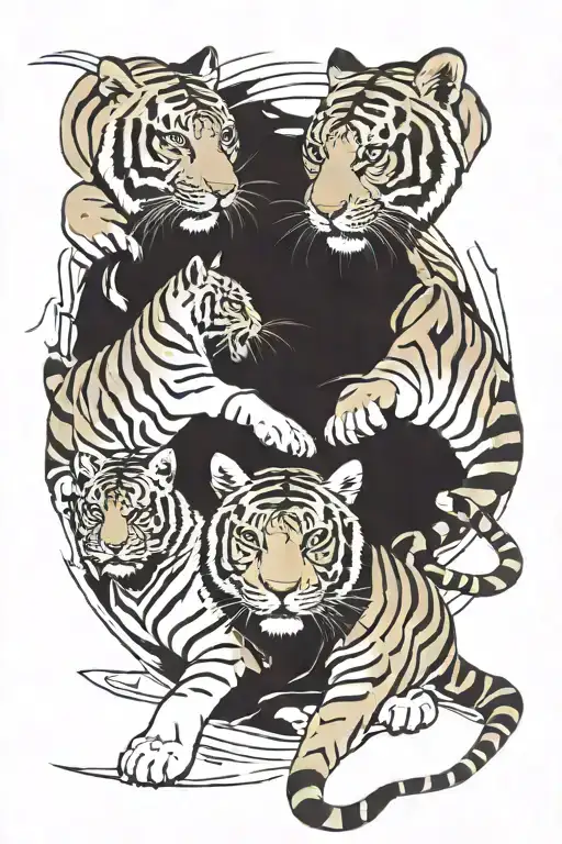 mother tiger protecting 2 playing cubs playing tattoo design idea