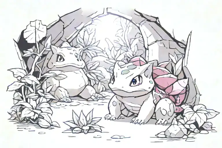 Photo of gold and ruby Bulbasaur parkling in a cave, shadows and sunbeams, treasure hunter in the foreground tattoo design idea