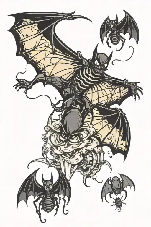 spider and bat flying tattoo design idea