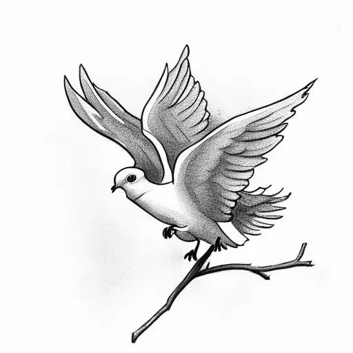 Dove flying with small branch in it's mouth. The branch has leaves, some are falling off tattoo design idea