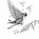 Branch in bird's mouth with leaves falling off the branch tattoo design idea