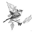 Branch in bird's mouth with leaves falling off the branch tattoo design idea