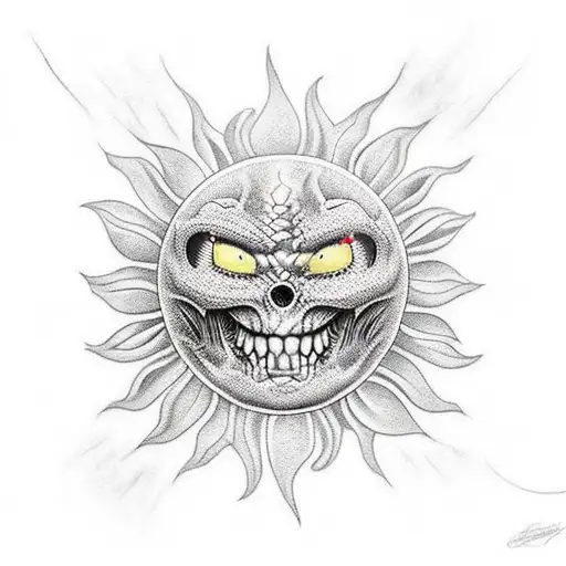 tattoo sleve, dental doctor from hell, sun, flower, dragon, alien, planet, color tattoo design idea