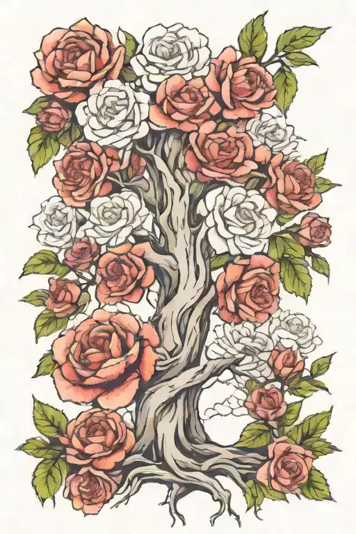 willow tree with roses, bodhi peace tree, frankincense, olive fruit, aria flower tattoo design idea