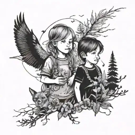 wilderness and children boy and girl tattoo design idea