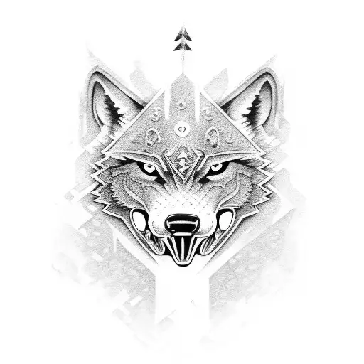 A fierce wolf with intricate dotwork patterns, holding a hockey stick in its mouth tattoo design idea