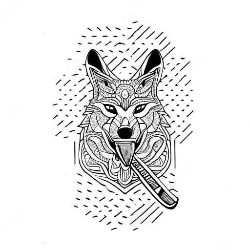A fierce wolf with intricate dotwork patterns, holding a hockey stick in its mouth tattoo design idea