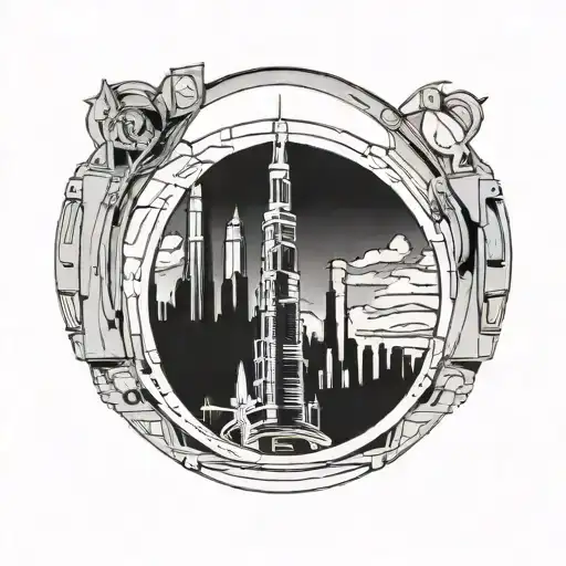 Airplane window with view of Burj Khalifa tattoo design idea