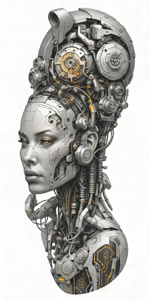 A futuristic cyborg design incorporating elements of IT technology and video game references tattoo design idea