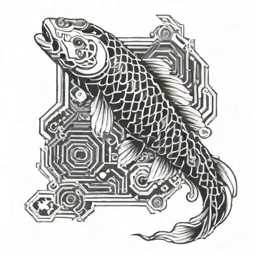 A cybernetic Japanese Koi fish swimming through a digital circuit board tattoo design idea